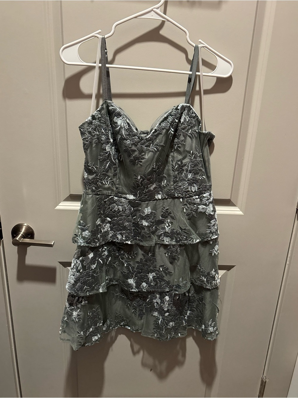BCX Sage Green Floral Lace Tiered Mini Dress